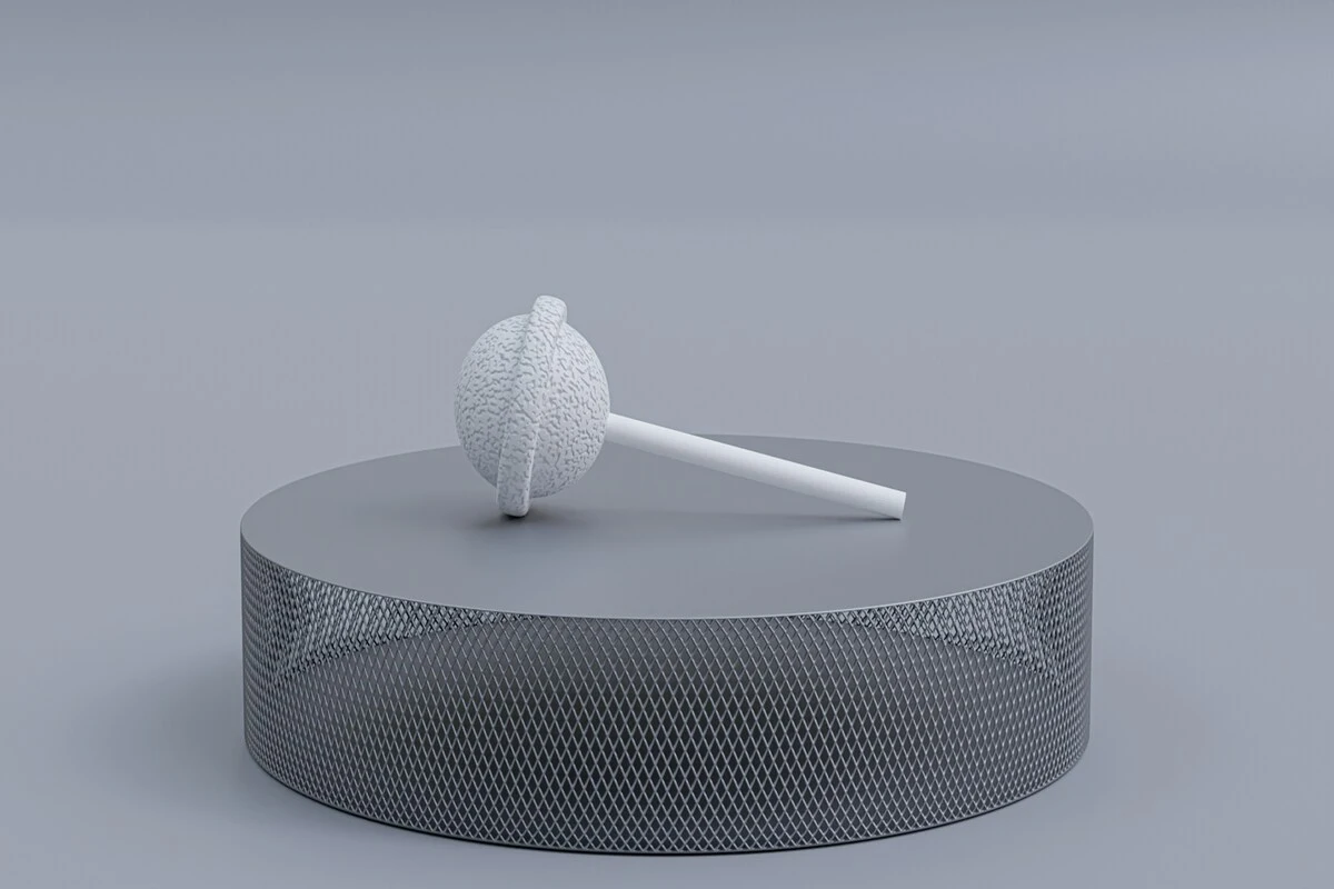 3D-rendered lollipop displayed on a round pedestal to demonstrate digital product modeling and visualization